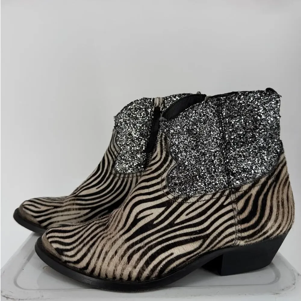 Golden Goose Ankle Western Zip Boots Bootie Zebra Ponyhair Zebra Glitter Size 37 - Picture 2 of 10